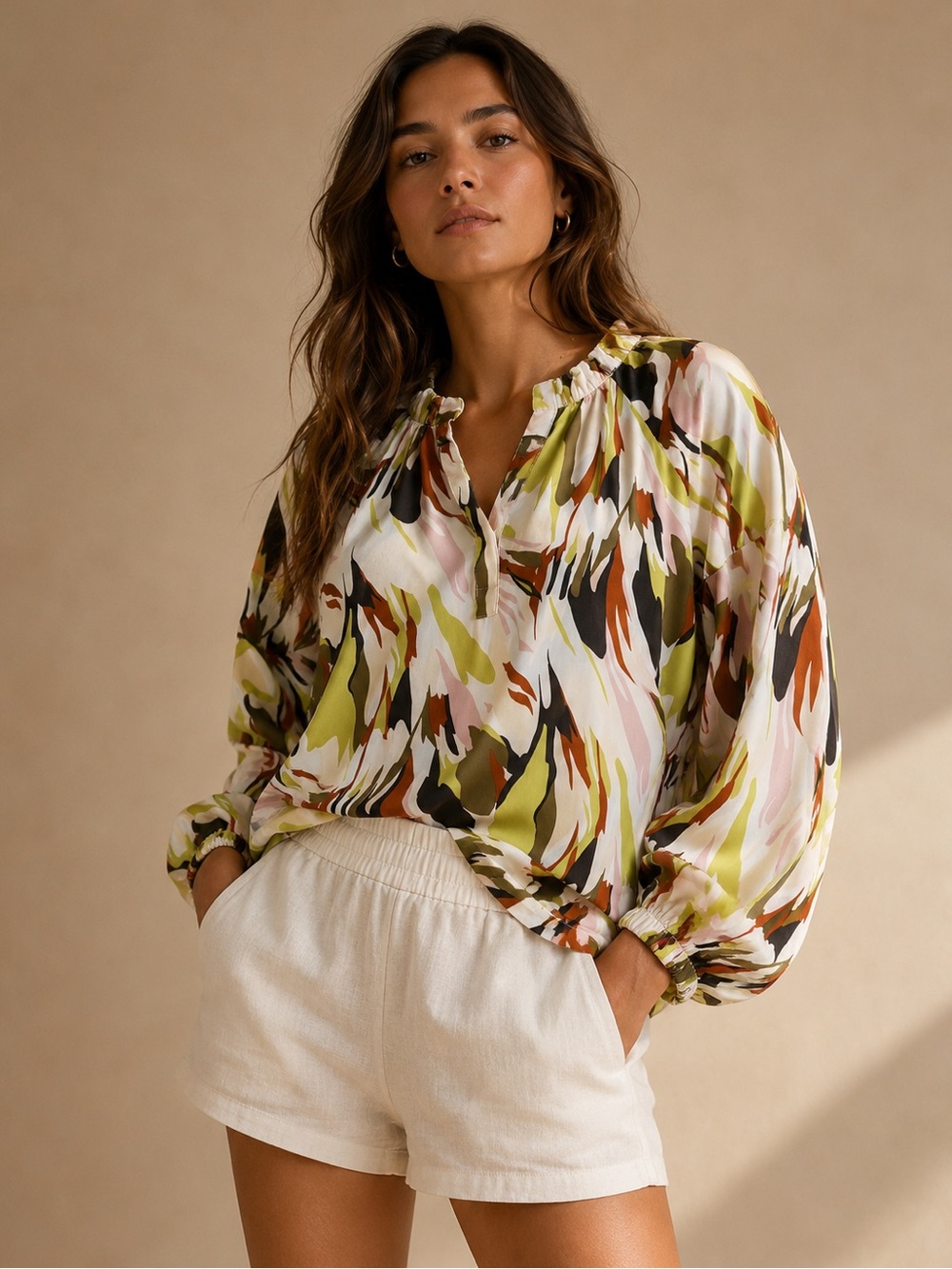 Worthington Abstract Print Long Sleeve Blouse Size L